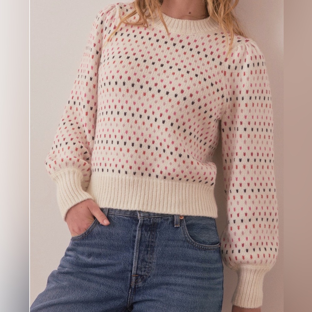 Marine Layer Cream Pullover Sweater with Pink and Black Dot Pattern